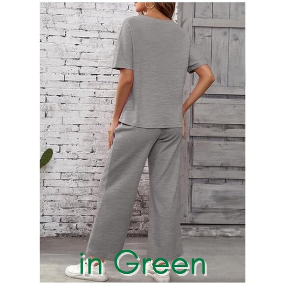 NEW SHEWIN 2 PC Lounge Set - Casual Waffle Knit Short Sleeve Top/Wide Leg Pant - Picture 4 of 5